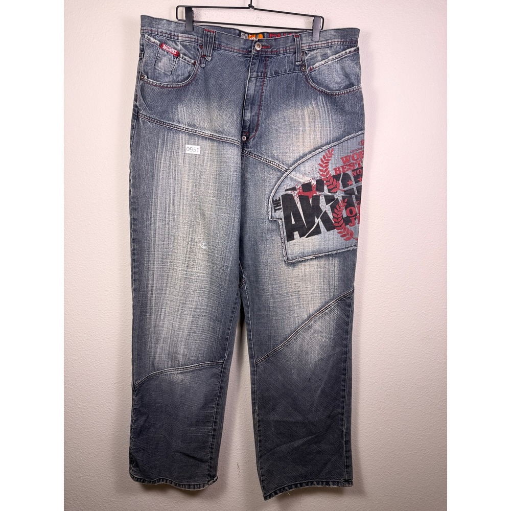Akademiks Mens Baggy Y2K Streetwear Graphic Jeans Blue Distressed Size 42